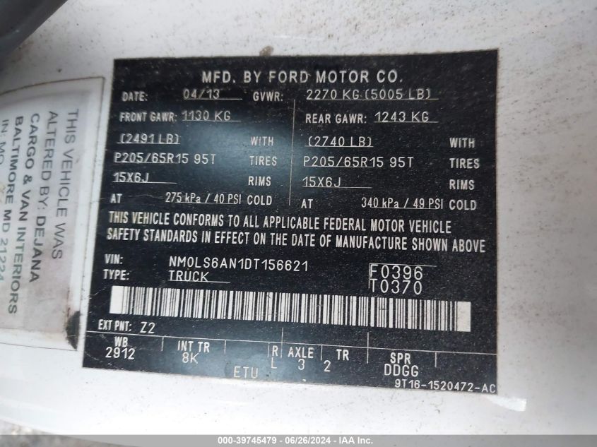 2013 Ford Transit Connect Xl VIN: NM0LS6AN1DT156621 Lot: 39745479