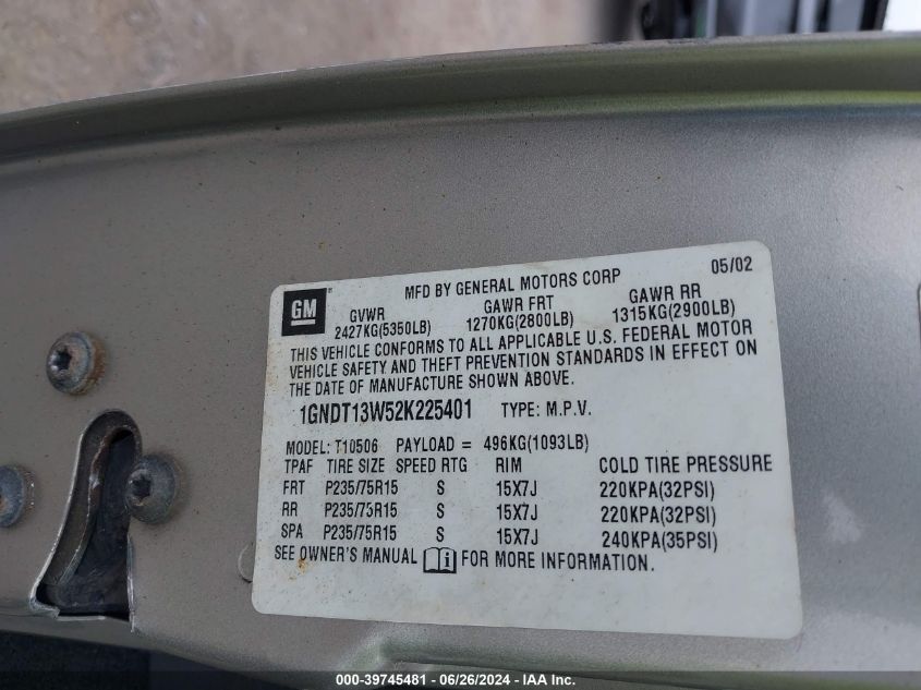 2002 Chevrolet Blazer Ls VIN: 1GNDT13W52K225401 Lot: 39745481