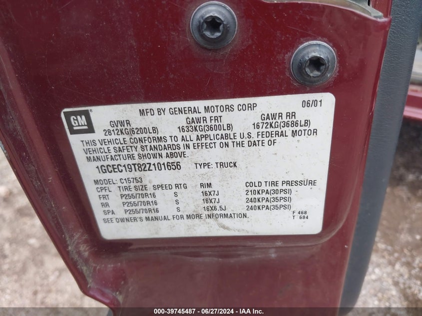 2002 Chevrolet Silverado C1500 VIN: 1GCEC19T82Z101656 Lot: 39745487