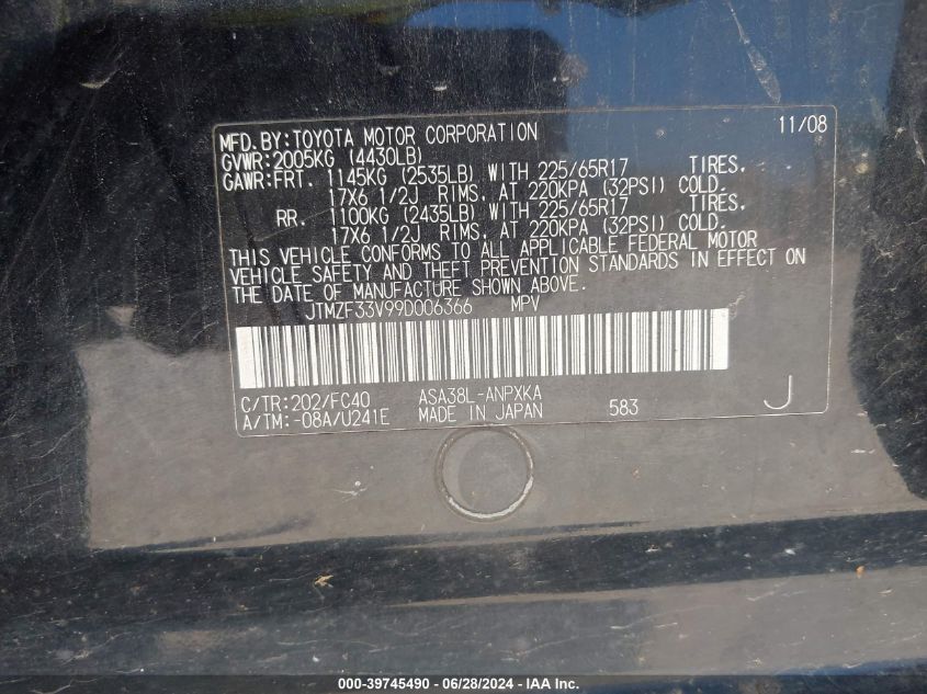 2009 Toyota Rav4 VIN: JTMZF33V99D006366 Lot: 39745490