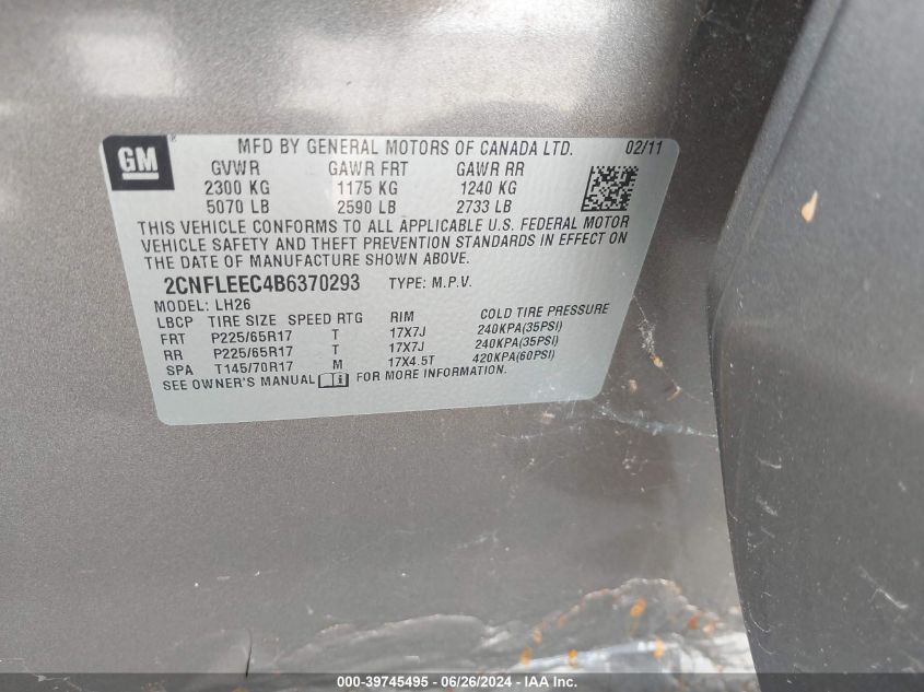 2011 Chevrolet Equinox 1Lt VIN: 2CNFLEEC4B6370293 Lot: 39745495