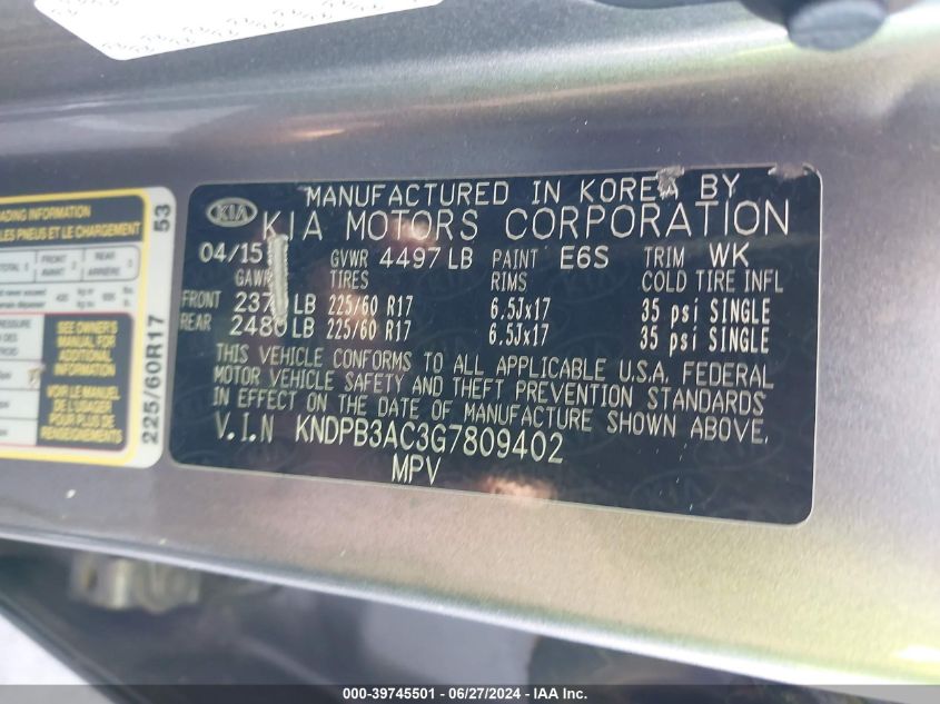 2016 Kia Sportage Lx VIN: KNDPB3AC3G7809402 Lot: 39745501