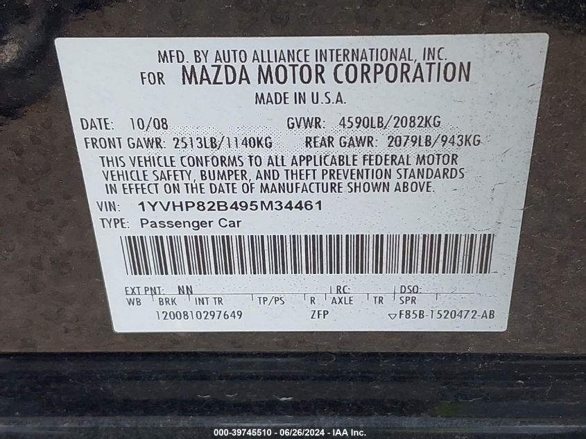 2009 Mazda Mazda6 S Grand Touring VIN: 1YVHP82B495M34461 Lot: 39745510