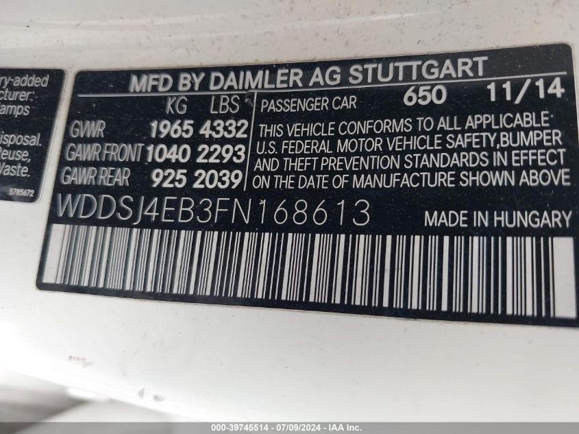 WDDSJ4EB3FN168613 2015 Mercedes-Benz Cla 250