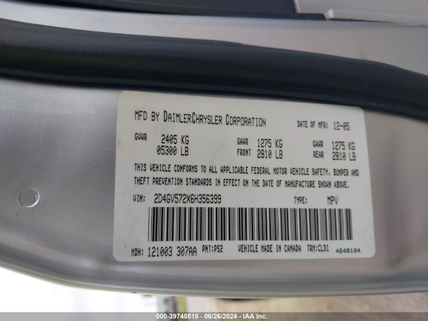 2006 Dodge Magnum Rt VIN: 2D4GV572X6H356399 Lot: 39745515
