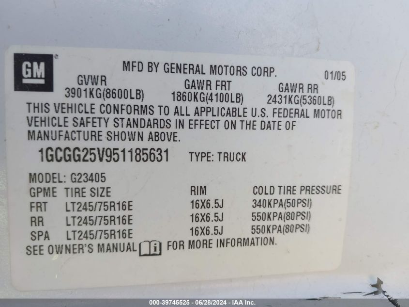 2005 Chevrolet Express VIN: 1GCGG25V951185631 Lot: 39745525