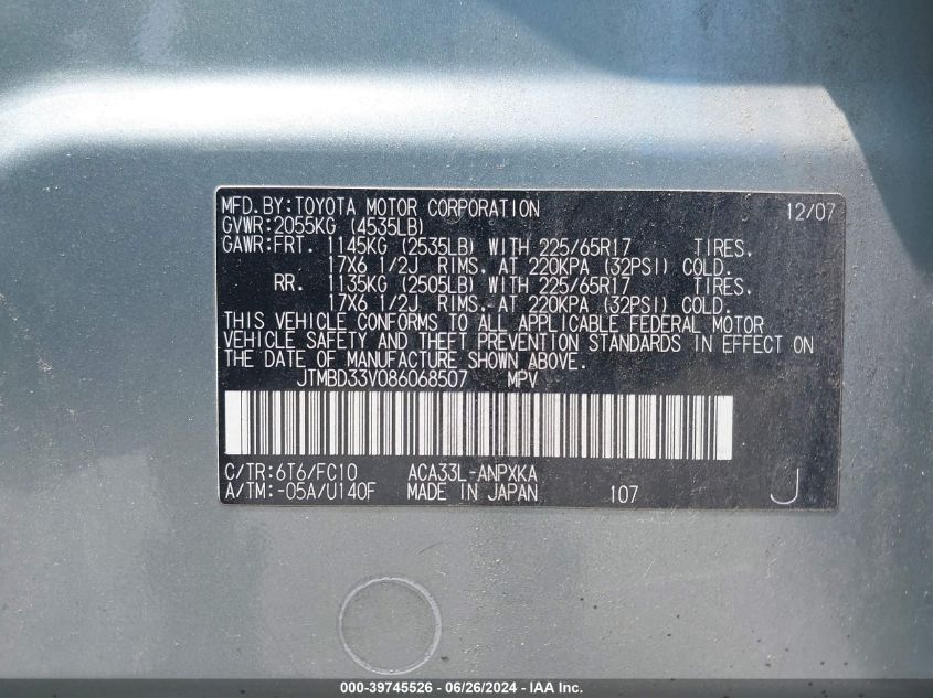 2008 Toyota Rav4 VIN: JTMBD33V086068507 Lot: 39745526