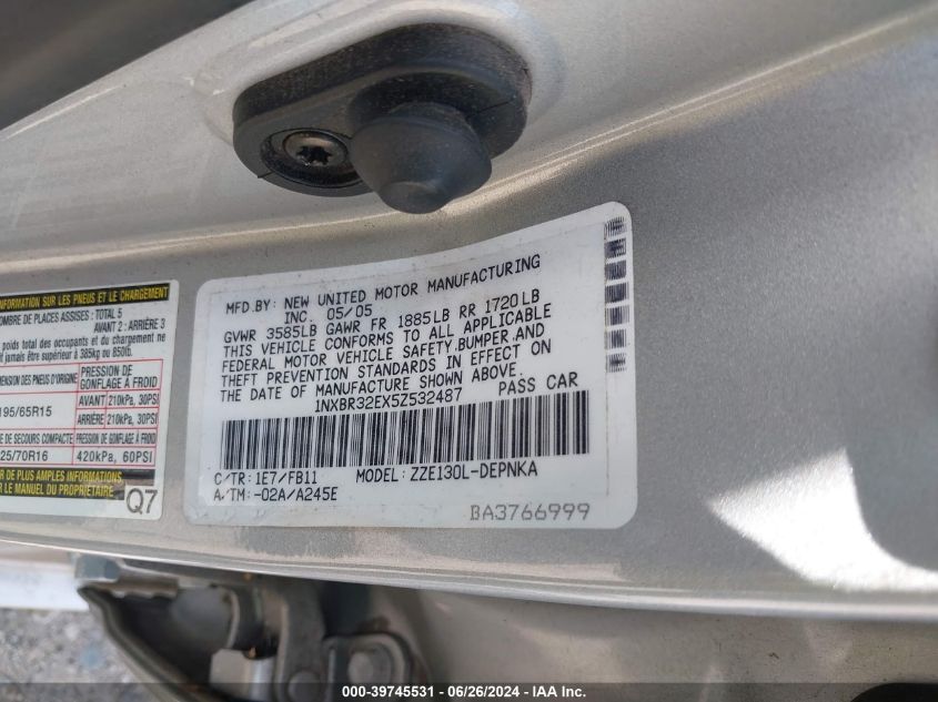 2005 Toyota Corolla Le VIN: 1NXBR32EX5Z532487 Lot: 39745531