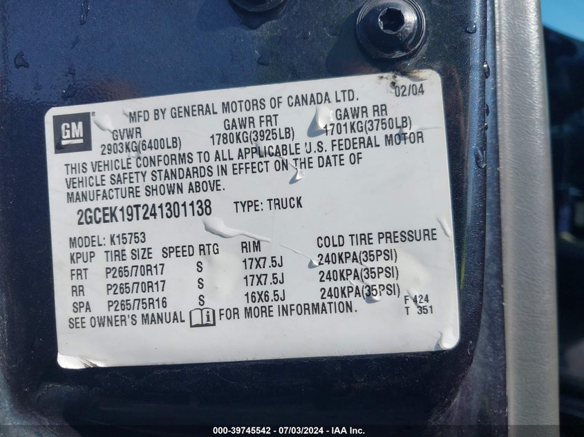 2004 Chevrolet Silverado 1500 Z71 VIN: 2GCEK19T241301138 Lot: 39745542