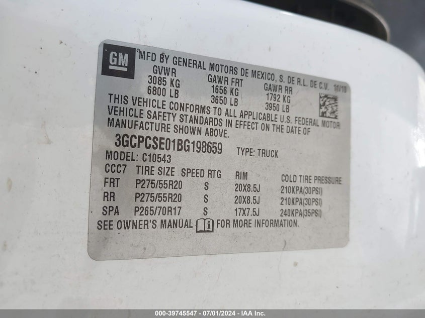 2011 Chevrolet Silverado 1500 Lt VIN: 3GCPCSE01BG198659 Lot: 39745547