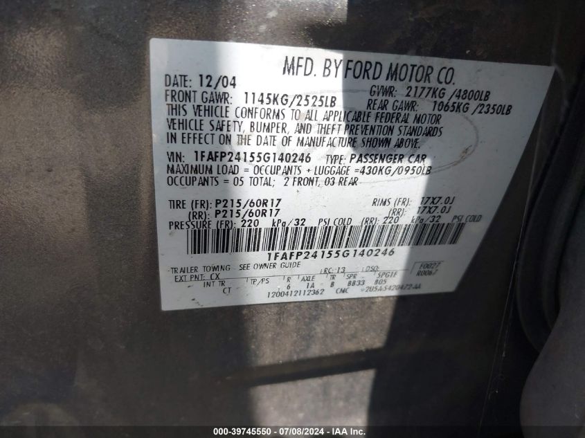 2005 Ford Five Hundred Sel VIN: 1FAFP24155G140246 Lot: 39745550