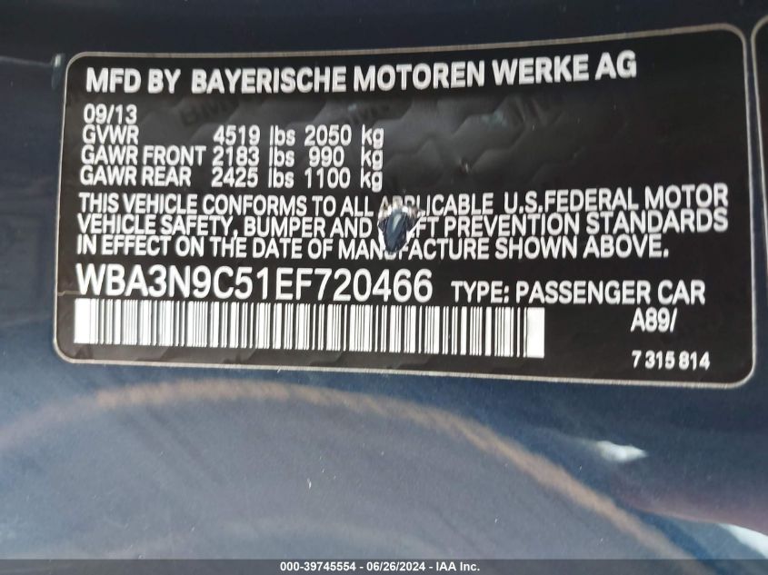 2014 BMW 428I xDrive VIN: WBA3N9C51EF720466 Lot: 39745554