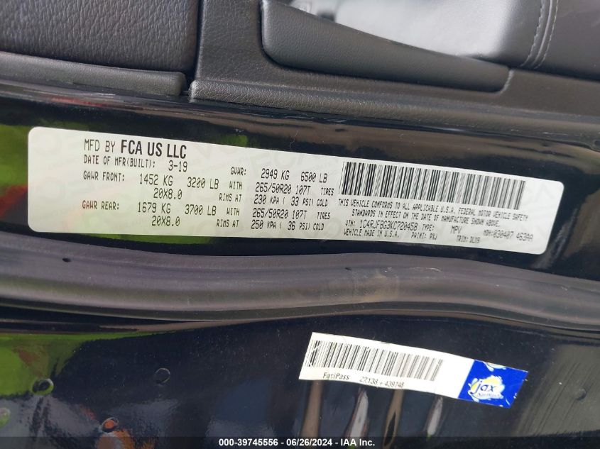 2019 Jeep Grand Cherokee Limited 4X4 VIN: 1C4RJFBG3KC720458 Lot: 39745556