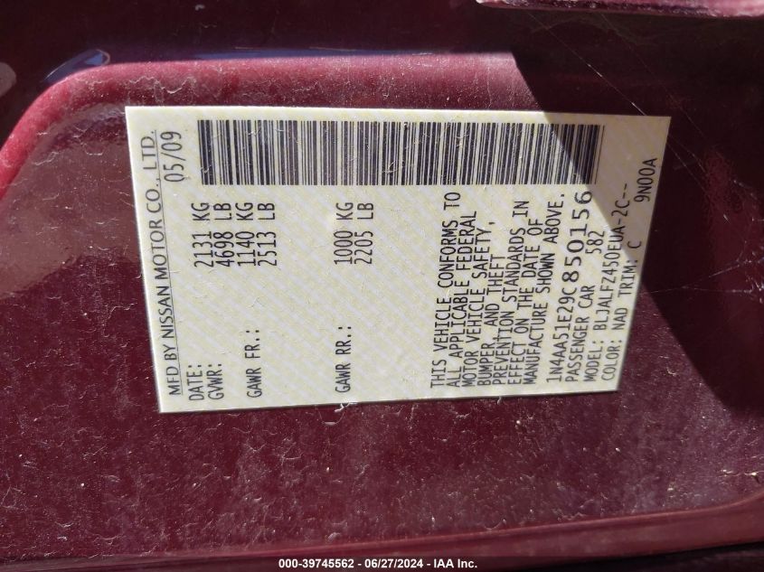 2009 Nissan Maxima S/Sv VIN: 1N4AA51E29C850156 Lot: 39745562