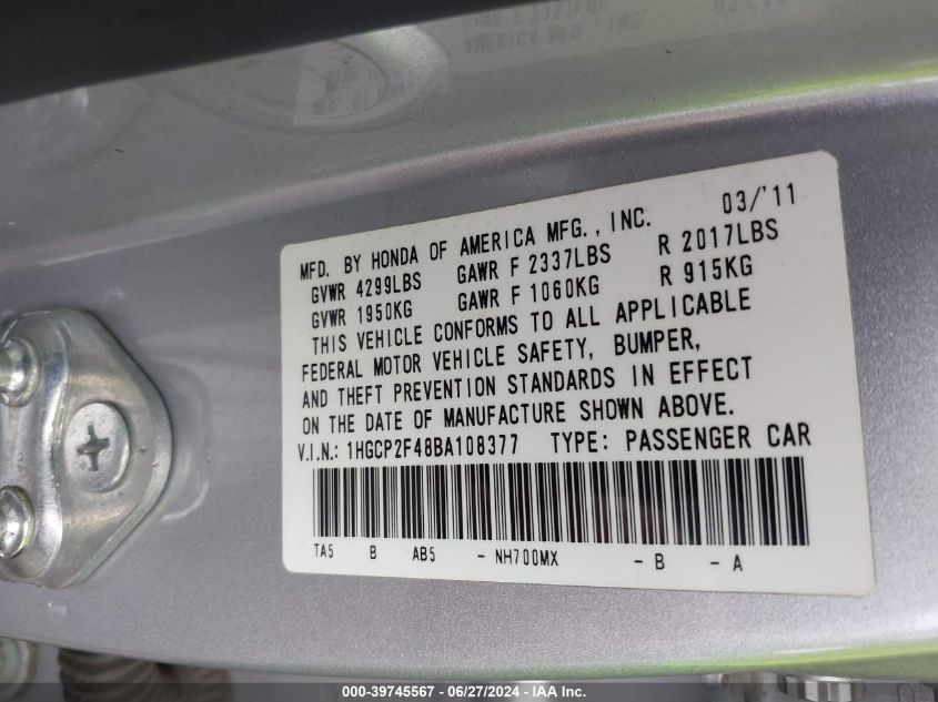 2011 Honda Accord 2.4 Lx-P VIN: 1HGCP2F48BA108377 Lot: 39745567