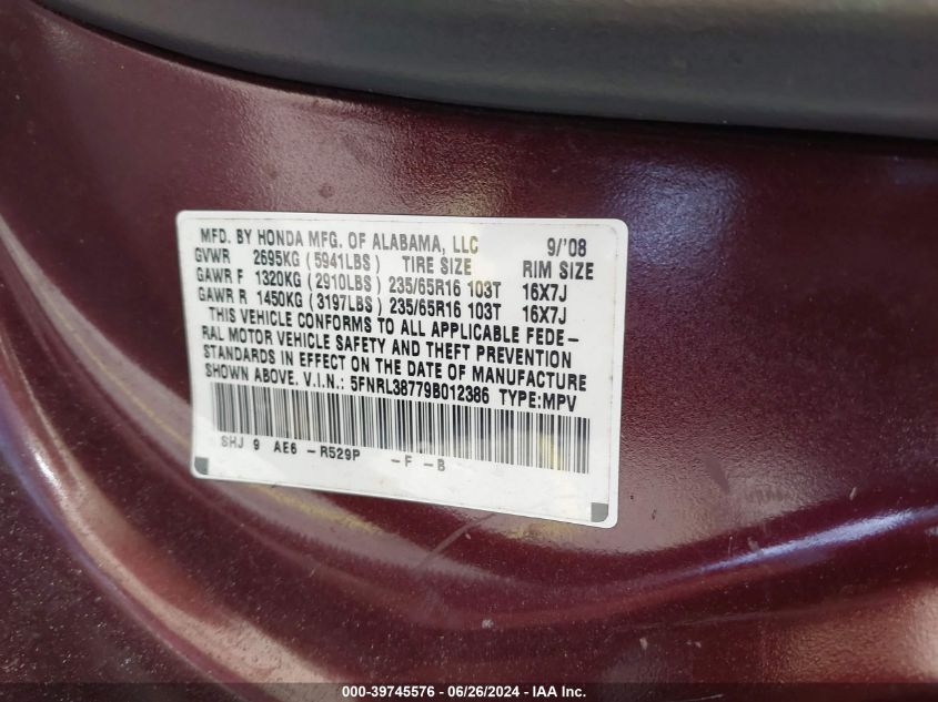 2009 Honda Odyssey Ex-L VIN: 5FNRL38779B012386 Lot: 39745576