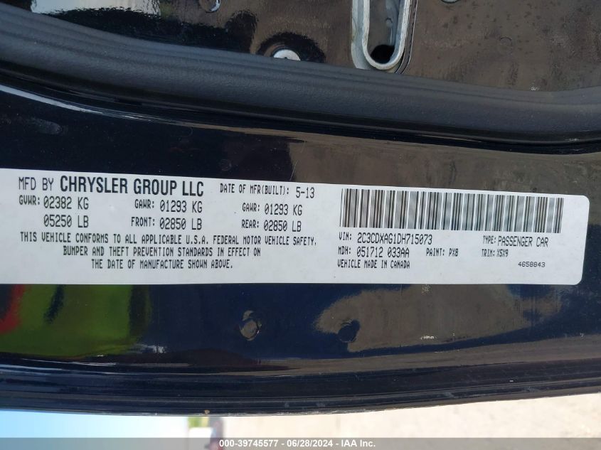 2013 Dodge Charger Police VIN: 2C3CDXAG1DH715073 Lot: 39745577