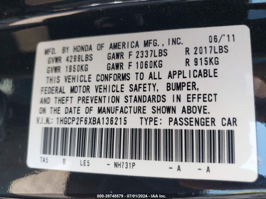 2011 Honda Accord 2.4 Se VIN: 1HGCP2F6XBA136215 Lot: 39745579