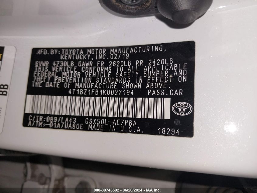 2019 Toyota Avalon Xle/Xse/Limited/Touring VIN: 4T1BZ1FB1KU027194 Lot: 39745592