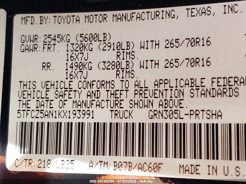 5TFSZ5AN7KX193991 2019 Toyota Tacoma Sr V6/Sr5 V6/Trd Off Road/Trd Sport