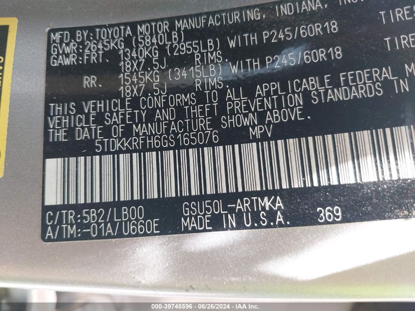 2016 Toyota Highlander Xle V6 VIN: 5TDKKRFH6GS165076 Lot: 39745596