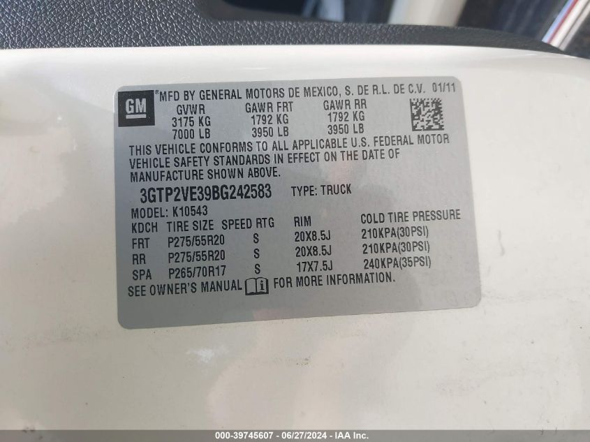 2011 GMC Sierra 1500 Sle VIN: 3GTP2VE39BG242583 Lot: 39745607