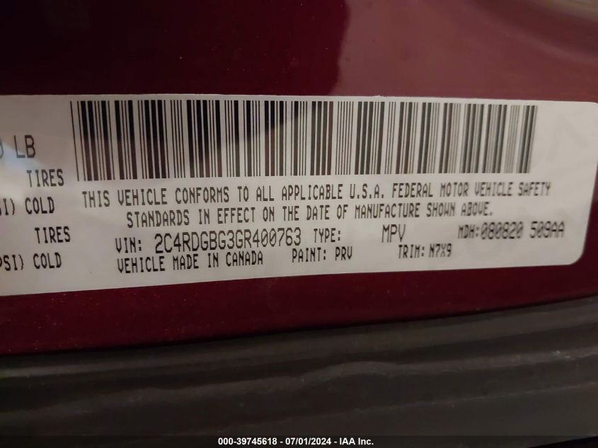 2016 Dodge Grand Caravan Se Plus VIN: 2C4RDGBG3GR400763 Lot: 39745618