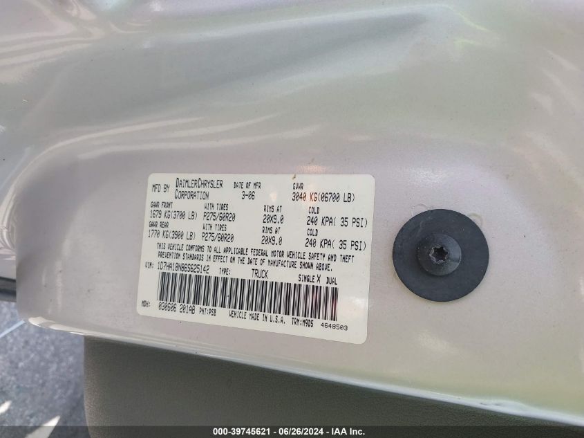 2006 Dodge Ram 1500 Slt VIN: 1D7HA18N86S625142 Lot: 39745621