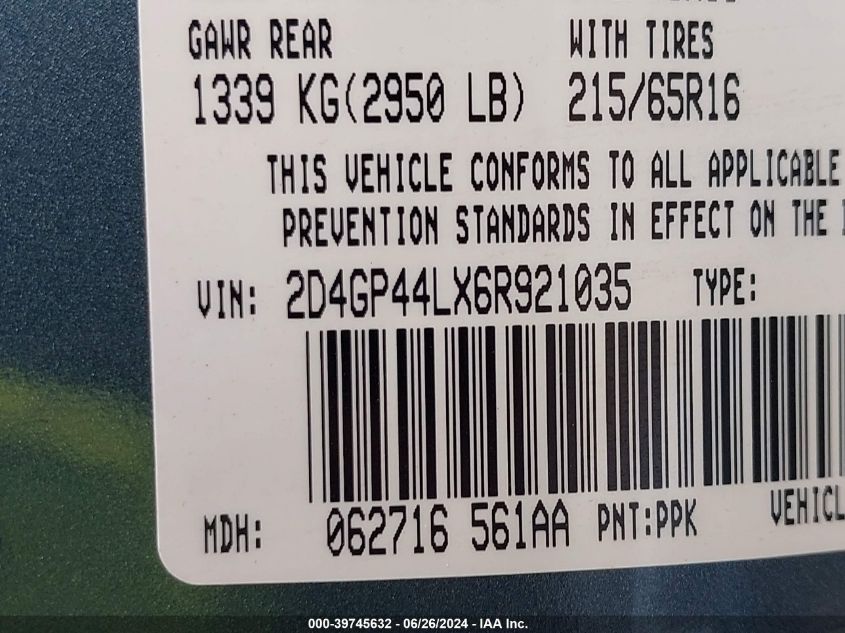 2006 Dodge Grand Caravan Sxt VIN: 2D4GP44LX6R921035 Lot: 39745632