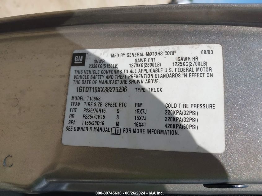 2003 GMC Sonoma Sls VIN: 1GTDT19XX38275296 Lot: 39745635