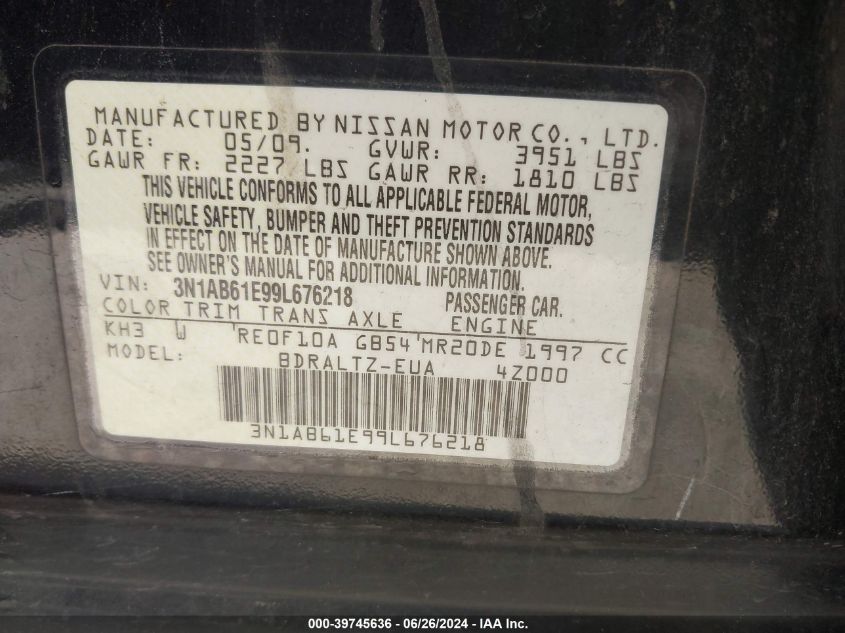 2009 Nissan Sentra 2.0Sr VIN: 3N1AB61E99L676218 Lot: 39745636