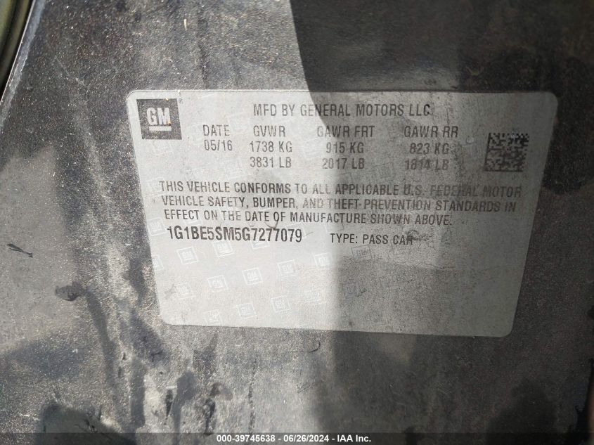 2016 Chevrolet Cruze Lt Auto VIN: 1G1BE5SM5G7277079 Lot: 39745638