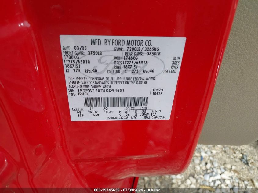 2005 Ford F-150 Fx4/Lariat/Xlt VIN: 1FTPW14575KD94651 Lot: 39745639