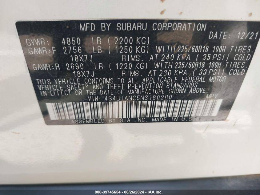 2022 Subaru Outback Limited VIN: 4S4BTANC5N3180280 Lot: 39745654