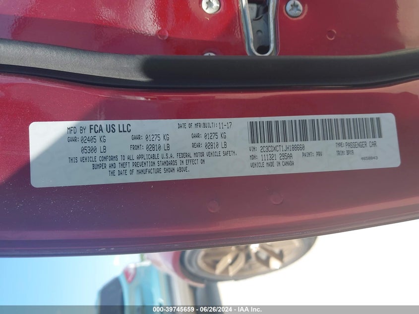 2018 Dodge Charger R/T Rwd VIN: 2C3CDXCT1JH188660 Lot: 39745659