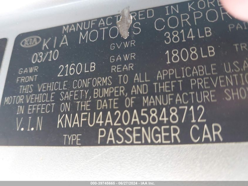 2010 Kia Forte Ex VIN: KNAFU4A20A5848712 Lot: 39745665