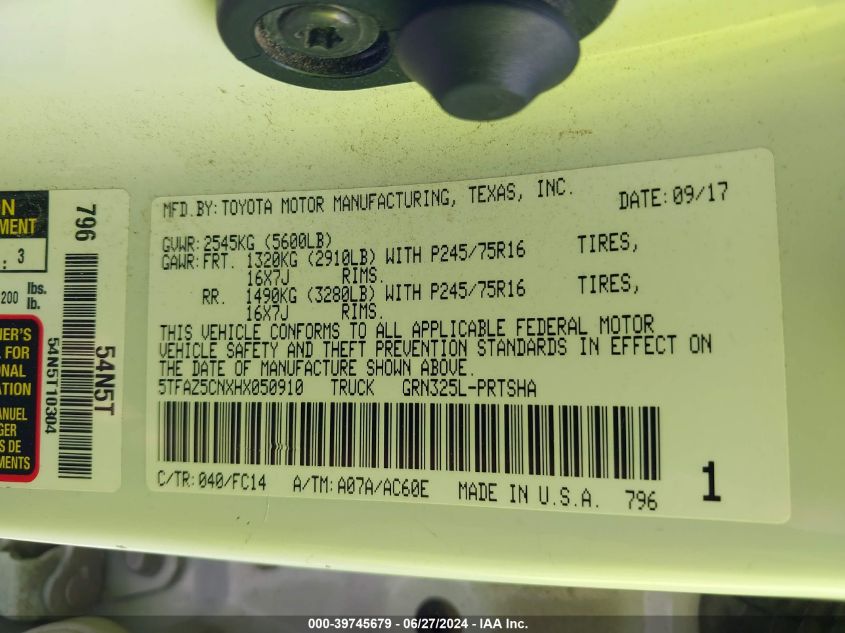 2017 Toyota Tacoma Sr5 V6 VIN: 5TFAZ5CNXHX050910 Lot: 39745679