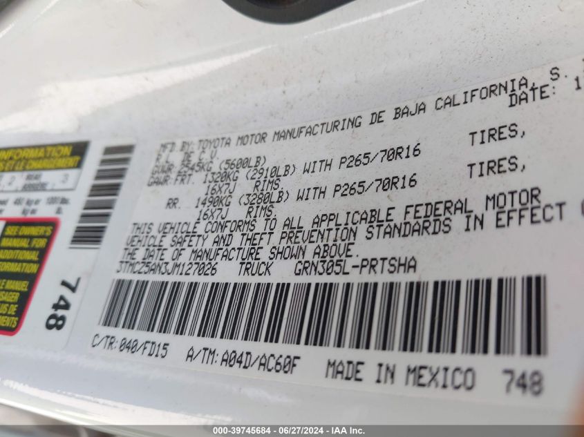 2018 Toyota Tacoma Trd Off Road VIN: 3TMCZ5AN3JM127026 Lot: 39745684