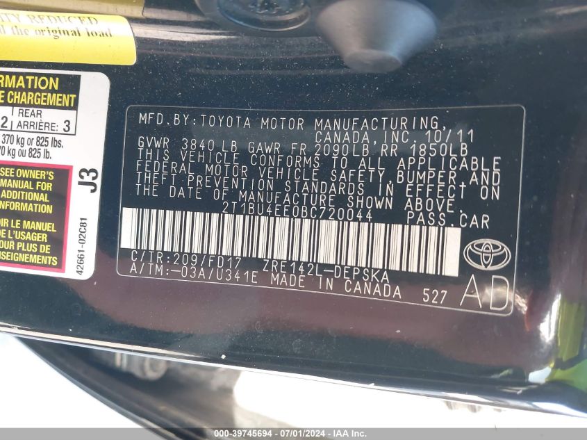 2011 Toyota Corolla S VIN: 2T1BU4EE0BC720044 Lot: 39745694