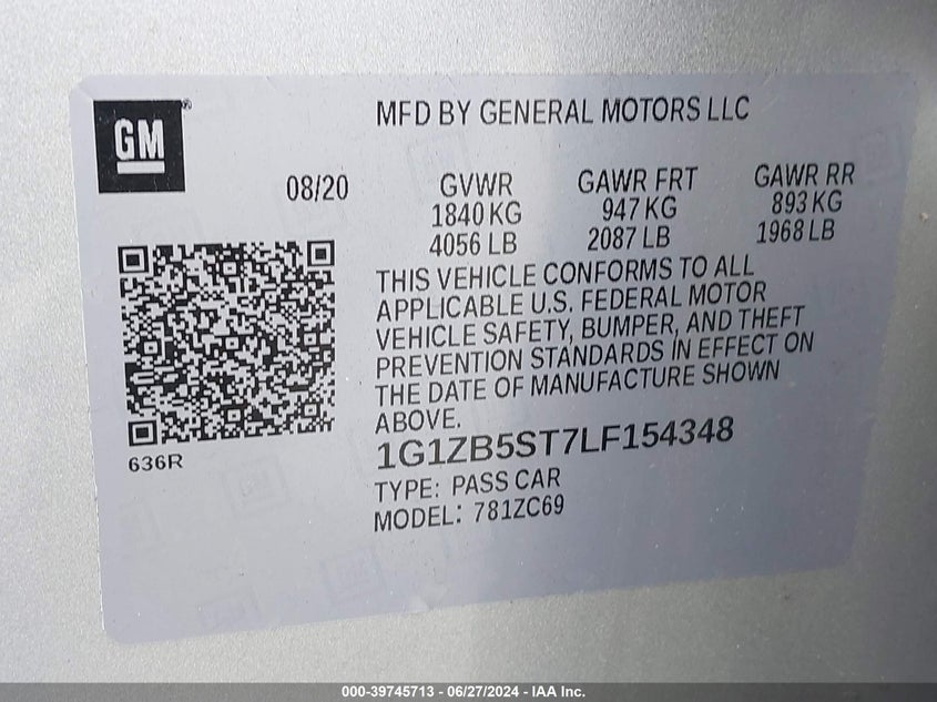 2020 Chevrolet Malibu Fwd Ls VIN: 1G1ZB5ST7LF154348 Lot: 39745713