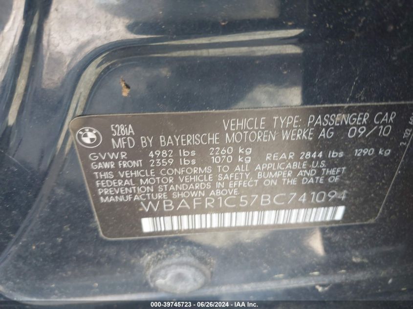 2011 BMW 528I I VIN: WBAFR1C57BC741094 Lot: 39745723