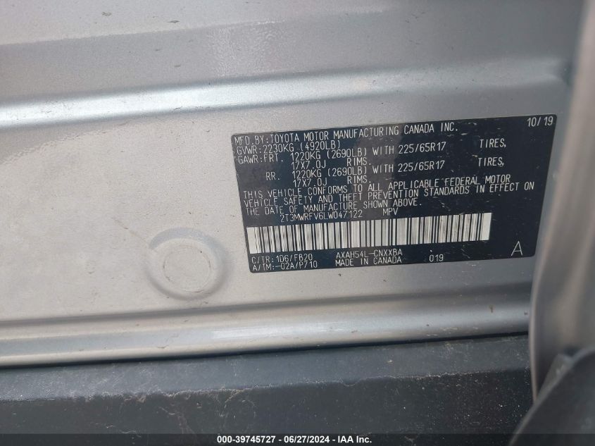 2020 Toyota Rav4 Hybrid Le VIN: 2T3MWRFV6LW047122 Lot: 39745727