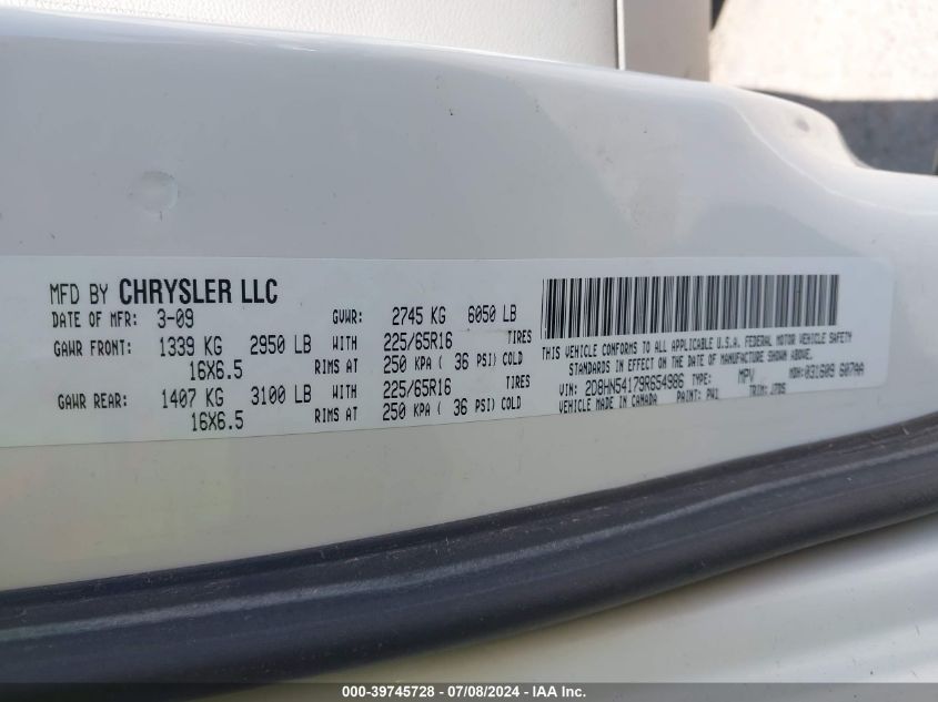 2009 Dodge Grand Caravan Sxt VIN: 2D8HN54179R654986 Lot: 39745728