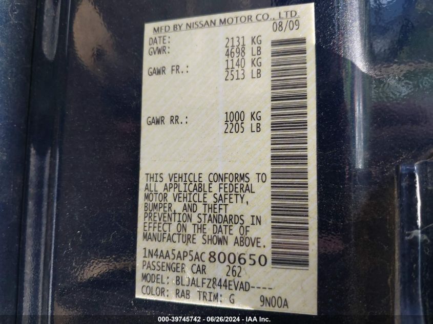 2010 Nissan Maxima 3.5 Sv VIN: 1N4AA5AP5AC800650 Lot: 39745742