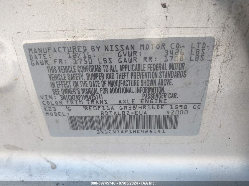 2017 Nissan Versa 1.6 Sv VIN: 3N1CN7AP1HK425141 Lot: 39745746