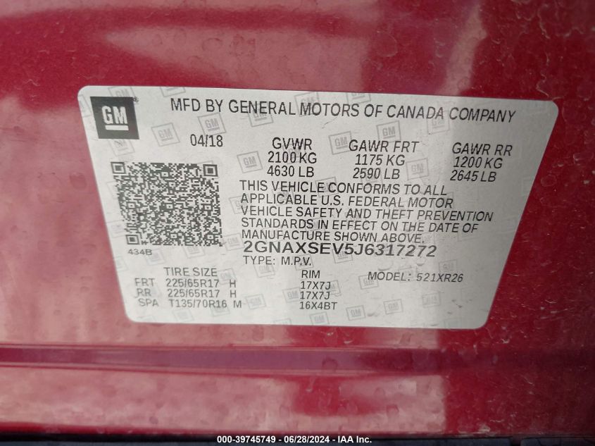 2018 Chevrolet Equinox Lt VIN: 2GNAXSEV5J6317272 Lot: 39745749