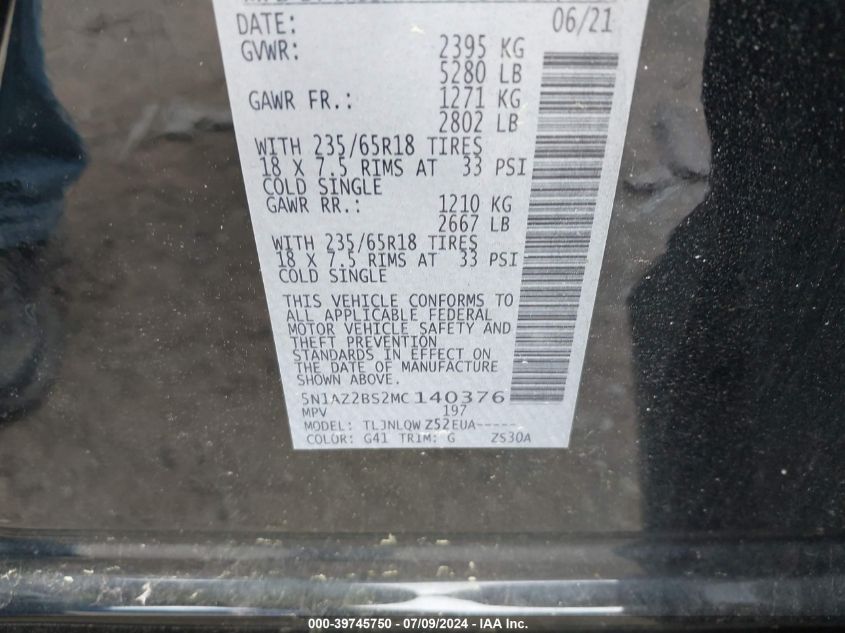 2021 Nissan Murano Sv Intelligent Awd VIN: 5N1AZ2BS2MC140376 Lot: 39745750