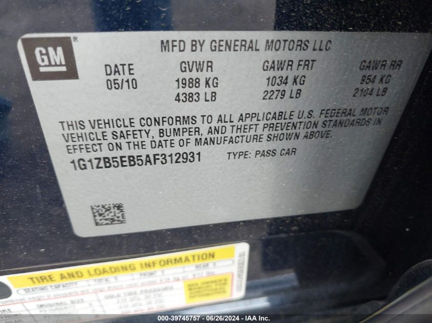 2010 Chevrolet Malibu Ls VIN: 1G1ZB5EB5AF312931 Lot: 39745757