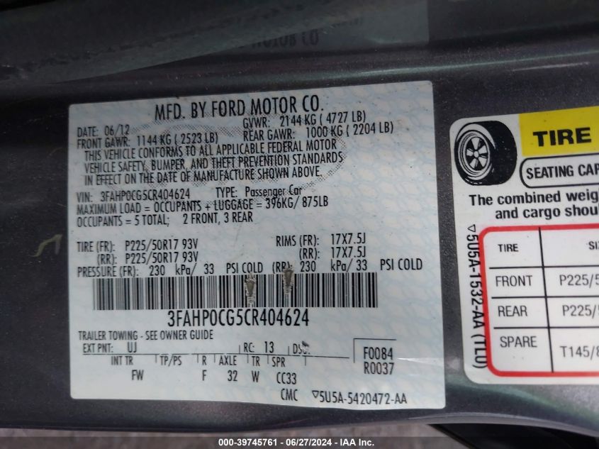 2012 Ford Fusion Sel VIN: 3FAHP0CG5CR404624 Lot: 39745761