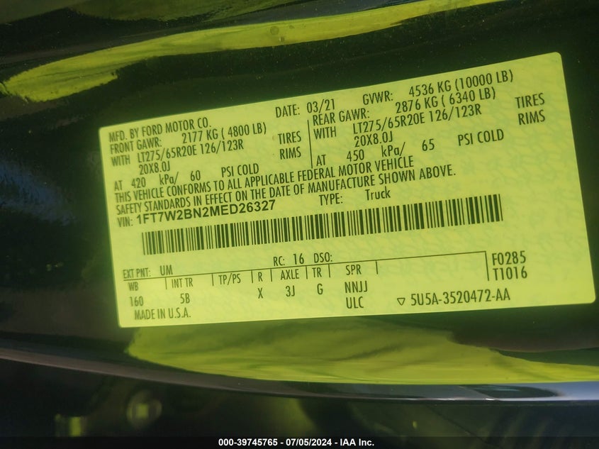 2021 Ford F-250 Lariat VIN: 1FT7W2BN2MED26327 Lot: 39745765